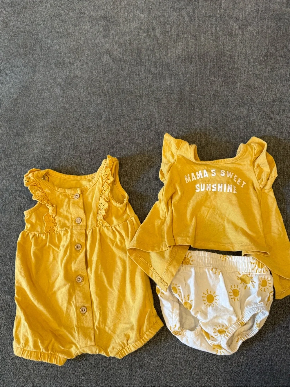 Matching Yellow Sets - Mama's Sweet Sunshine Two-Piece and Yellow Button Romper
